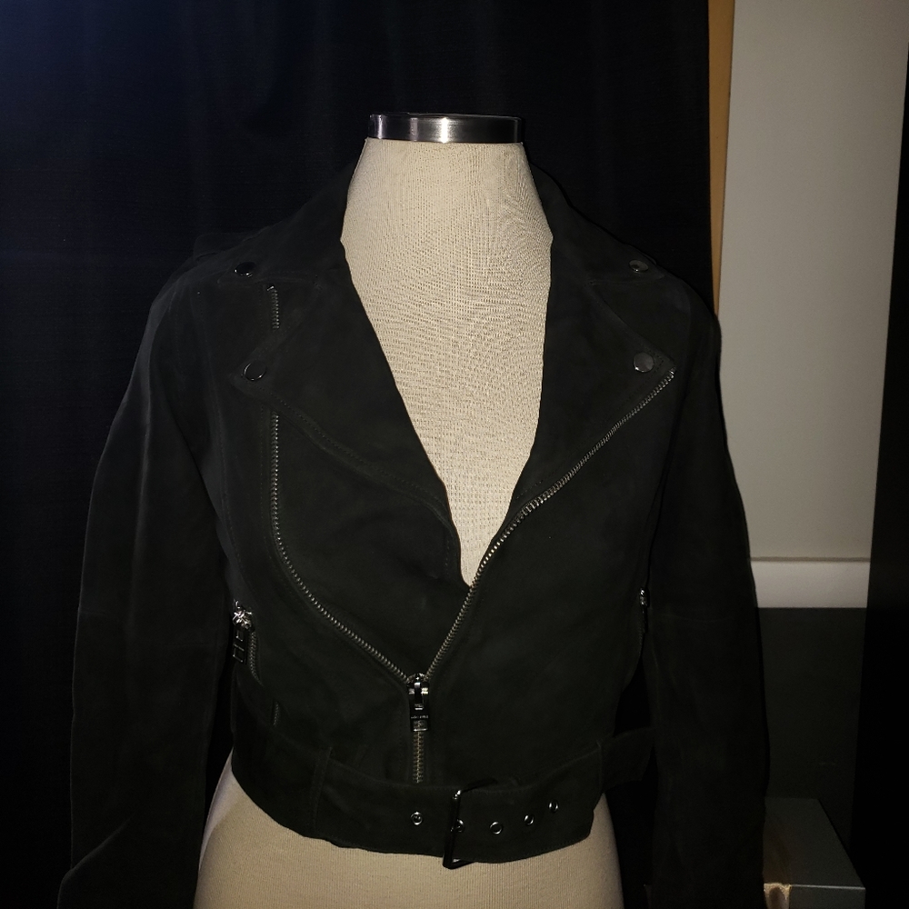 Lucky Brand Dark Green 100% Leather Suede Texture Moto Jacket Small Imperfection